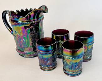 Westmoreland Deep Purple Carnival Glass Pitcher and 4 glasses Bird Pattern