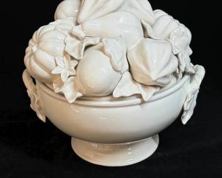 Fitz and Floyd Figural Tureen & Lid Bristol Pattern White Ironstone Look with Vegetables Atop