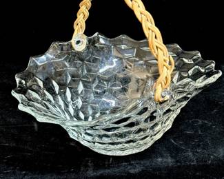 Fostoria Glass Basket American Pattern - with Woven Reed handle