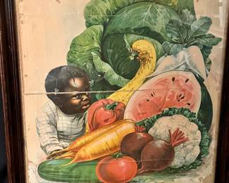 Antique black child print pictured with fruits and vegetables