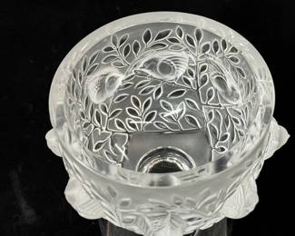 Lalique pedestal dish with etched and dimensional birds