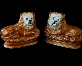 Pair of English Staffordshire Reclining Lions