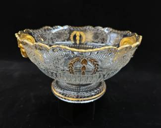 Antique Early Pressed Etched Glass bowl with Gilt Ram’s Head