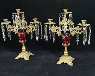 Exceptional Pair of Ruby Glass Victorian Girandole Antique Candelabras
