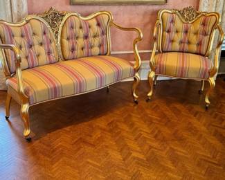 Fun set of high-gilt French Rococo silk upholstered settee and chair
