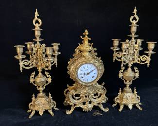 A Formal Italian Lancini Mantle Clock & Candelabra Set. Wildly ornate!