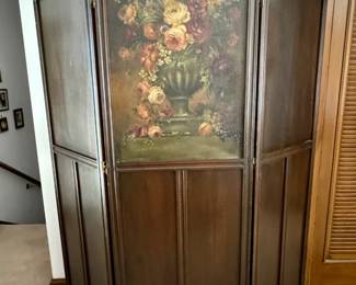 Nice antique dark wood screen with hand painted images on both sides