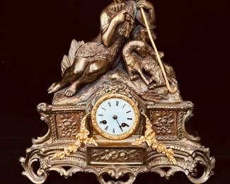 Antique French Rococo Style Gilt Pan Character Mantel Clock