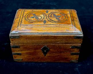 Small antique wood box with inlay and 4 scent bottles