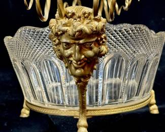 Unique glass dish with brass Bacchus ram's head and hooved feet