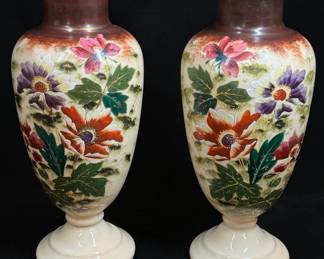Pair of lovely hand painted Victorian tall mantel vases