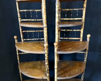 pair of antique bamboo shelves with pyrography 