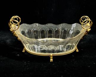 Unique glass dish with brass Bacchus ram's head and hooved feet