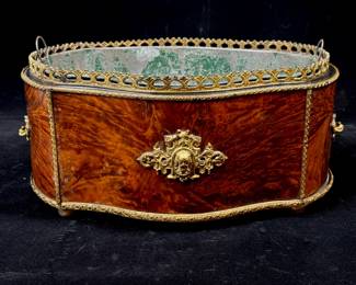 Lovely antique jardiniere or planter with tin lining and burl wood and brass case