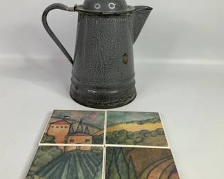 Enamelware Coffee Pot and Coasters