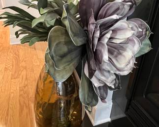 Huge floral in amber glass vase