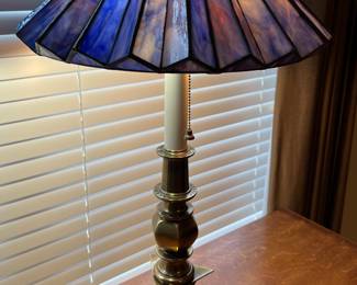 Art Deco style blue stained glass and brass lamp