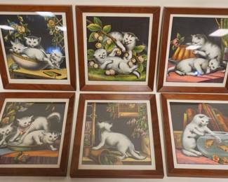 1043	6 FRAMED ANTIQUE CAT & KITTEN COLORED LITHGRAPHS, EACH APPROXIMATELY 9 1/2 I X 10 1/2 IN
