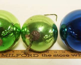 1111	ANTIQUE GERMAN GLASS KUGEL CHRISTMAS ORNAMENTS, GROUP OF 3,  APPROXIMATELY 5 IN X 4 IN

