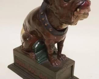 1088	ANTIQUE CAST IRON J&E STEVENS MECHANICAL BANK, BULL DOG WITH GLASS EYES, PAT APRIL 27TH 1880, APPROXIMATELY 

