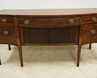 1187	ANITQUE MAHOGANY ENGLISH SIDEBOARD HAVING 5 DRAWERS & TAMBOR SLIDE CENTER, BANDED INLAID DRAWERS, TAMBOR GUIDES IN NEED OF REPAIR, APPROXIMATELY 78 IN X 29 IN X 38 IN HIGH
