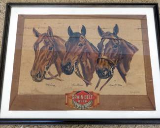 1114	LARGE FRAMED AND MATTED GRAIN BELT BEER ADVERTISING WITH IMAGE OF SEA BISCUIT, MA O WAR AND WHIRLAWAY, SOME CREASES AND STAINING, APPROXIMATELY 38 IN X 28 IN OVERALL
