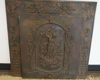 1035	ANTIQUE ORNATE VICTORIAN METAL FIRE PLACE SURROUND AND COVER, APPROXIMATELY 30 1/2 IN X 30 1/4 IN H O.D.
