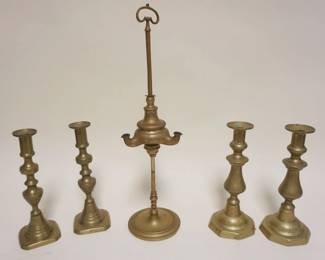 1073	ANTIQUE BRASS 3 BURNER WHALE OIL LAMP AND PUSH UP CANDLESTICKS, LAMP APPROXIMATELY 19 IN H
