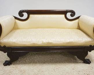 1188	ANTIQUE FEDERAL MAHOGANY UPHOLSTERED SOFA W/CARVED SWAN ARMS & WINGED CLAW FEET, UPHOLSTERY HAS WEAR, APPROXIMATELY 65 IN X 26 IN X 34 IN HIGH
