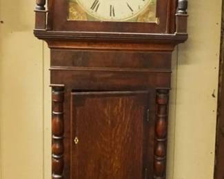 1185	ANTIQUE CONTINENTAL GRANDFATHERS CLOCK IN MAHOGANY & OAK CASE, CLOCK W/MOON DIAL PAINTED ON FACE W/NAME JN GRIFFITH BETHESDA, CASE IN NEED OF RESTORATION, APPROXIMATELY 25 IN X 10 IN X 92 IN HIGH
