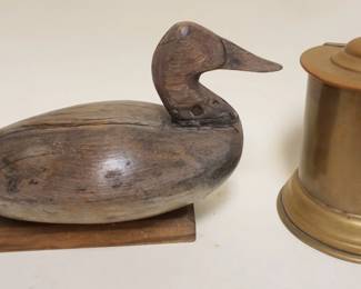1074	ANTIQUE DUCK DECOY AND COPPER FIRE PLACE MATCH HOLDER, DUCK APPROXIMATELY 7 IN X 16 IN X 10 IN H
