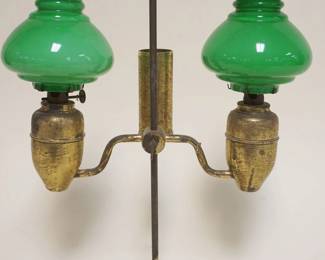 1018	ANTIQUE MINATURE ADJUSTABLE DOUBLE STUDENT LAMP, APPROXIMATELY 13 IN H, CASED GLASS SHADE DAMAGED
