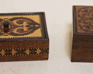 1108	ANTIQUE INLAID MINIATURE MAHOGANY COVERED BOXES, LARGEST APPROXIMATELY 2 IN X 3 IN X 1 IN H

