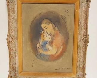 1135A	MAXWELL STUART SIMPSON AMERICAN OIL PAINTING OM CANVAS BOARD OF MOTHER HUGGING YOUNG GIRL, APPROXIMATELY 13 IN X 17 IN OVERALL
