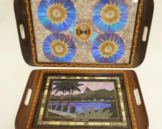 1016	2 INLAID SERVING TRAYS, 1 WITH REVERSE PAINTING AND BUTTERFLY WING TRAY, BOTH WITH LILAID BORDER, LARGEST APPROXIMATELY 15 IN X 25 IN
