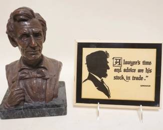 1100	ABRAHAM LINCOLN COMPOSITION SCULPTURE BUST ON MARBLE BASE AND PLAQUE *A LAWYERS TIME AND ADVICE ARE HIS STOCK IN TRADE*, BUST APPROXIMATELY 9 1/2 IN H
