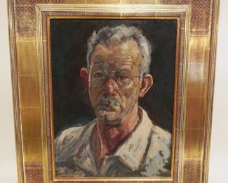 1134	WALTER BAUM AMERICAN (1884-1956) NEW HOPE BUCKS CO PA OIL PAINTING ON BOARD *SELF PORTRAIT* AUGUST 1947, APPROXIMATELY 20 IN X 24 IN OVERALL, NATIONAL ACADEMY OF DESIGN MEMERS EXHIBIT 1955
