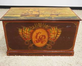 1169	H.M.S. ROYAL WOOD HAND PAINTED CHEST DEPICTING A SEA CHEST W/IMAGES OF SAILING SHIPS ON LID, APPROXIMATELY 37 IN X 21 IN X 22 IN HIGH
