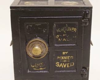 1085	ANTIQUE CAST IRON SAFE BANK, HENRY C HART MFG CO DETROIT MICH, APPROXIMATEL 4 IN X 4 1/2 IN X 5 1/4 IN
