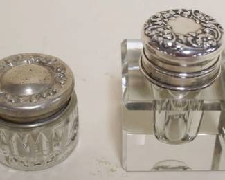 1056	ANTIQUE STERLING TOP INKWELL & SMALL DRESSER COVERED JAR
