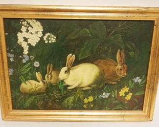 1126	ANTIQUE OIL PAINTING ON CANVAS, FAMILY OF RABBITS, APPROXIMATELY 13 1/4 IN X 18 IN OVERALL
