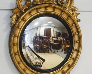 1180	ANTIQUE GILT FEDERAL *BULLSEYE* CONVEX MIRROR W/CARVED EAGLE & SCROLLED LEAFED VINE ON CREST, LOSS TO GILTING, APPROXIMATELY 30 IN X 42 IN HIG
