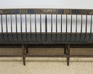 1181	ANITIQUE DEACONS BENCH W/WIDE PLANK BOTTOM & PAINT DECORATED & STENCILED W/CUSHION, APPROXIMATELY 15 IN DEEP X 32 IN HIGH X 90 IN WIDE
