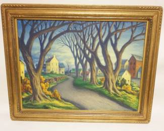 1129	R.A.D. MILLER (1905-1966) AMERICAN *BUCKS COUNTY* OIL PAINTING ON CANVAS *PRALLSVILLE MILL-STOCKTON" ROBERT A DARRAH MILLER, APPROXIMATELY 27 IN X 34 1/2 IN OVERALL
