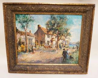 1124	GEORGE A NEWMAN (1875-1965) AMERICAN OIL PAINTING ON BOARD *THE SETTLEMENT ALONG THE RIVERS EDGE EASTON PA*,  APPROXIMATELY 21 1/4 IN X 25 1/4 IN OVERALL
