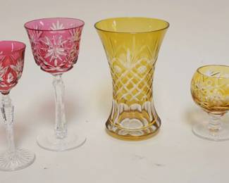 1054	BOHEMIAN GLASS 6 PC. ASSORTMENT INCLUDING WINE GLASSES AND VASE, TALLEST PC. APPROXIMATELY 5 1/2 IN H
