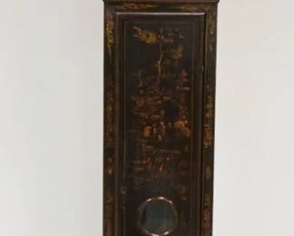 1186	GRIFFIN RAYENT ANTIQUE CONTINENTAL GRANDFATHERS CLOCK IN BLACK LACQUER CHINOISERIE CASE, BRASS FACE CLOCK FACE MARKED GRIFFIN RAYMENT, APPROXIMATELY 18 IN X 9 IN X 93 IN HIGH
