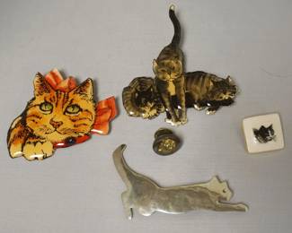 1215	CUT OUT METAL CAT PIN SIGNED S.H. 88, 2 1989 MB DESIGNS CAT PINS, PORCELAIN CAT PIN MARKED B. 92 AAND METAL LAPEL CAT PIN

