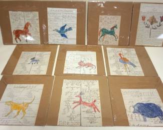 1141	GROUP OF ANTIQUE CHILDRENS LESSONS WITH PEN & INK HAND COLORED DRAWINGS, CA 1850, LARGEST APPROXIMATELY 8 IN X 10 IN
