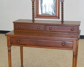 1204	ANTIQUE WALNUT 3 DRAWER STEP BACK DRESSING TABLE WITH SPOOL TURNNED MIRROR RAILS, APPROXIMATELY 38 IN X 20 IN X 60 IN H
